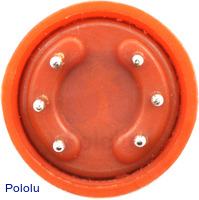 Gas sensor with orange plastic case bottom view.