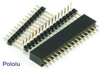 0.100" (2.54 mm) female header shown with 0.100" male headers.