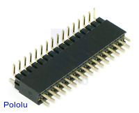 0.100" (2.54 mm) female header with 0.100" male headers plugged into it.