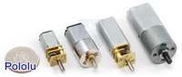 Pololu metal gearmotors arranged by size from left to right: micro, 100:1 and 24:1 mini, 35:1 mini, and 25:1 20Dx44L&nbsp;mm.