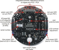 Labeled bottom view of the Pololu 3pi robot.