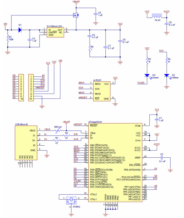 Pololu - 3.2. A-Star 32U4 Micro schematic and dimensions